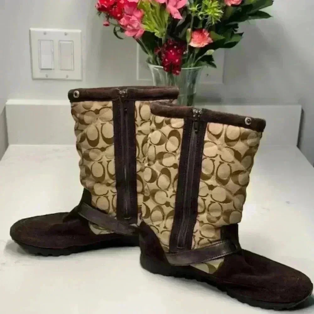 Coach Juniper Brown Suede Signature Jacquard Winter Boots Women's Size 8B